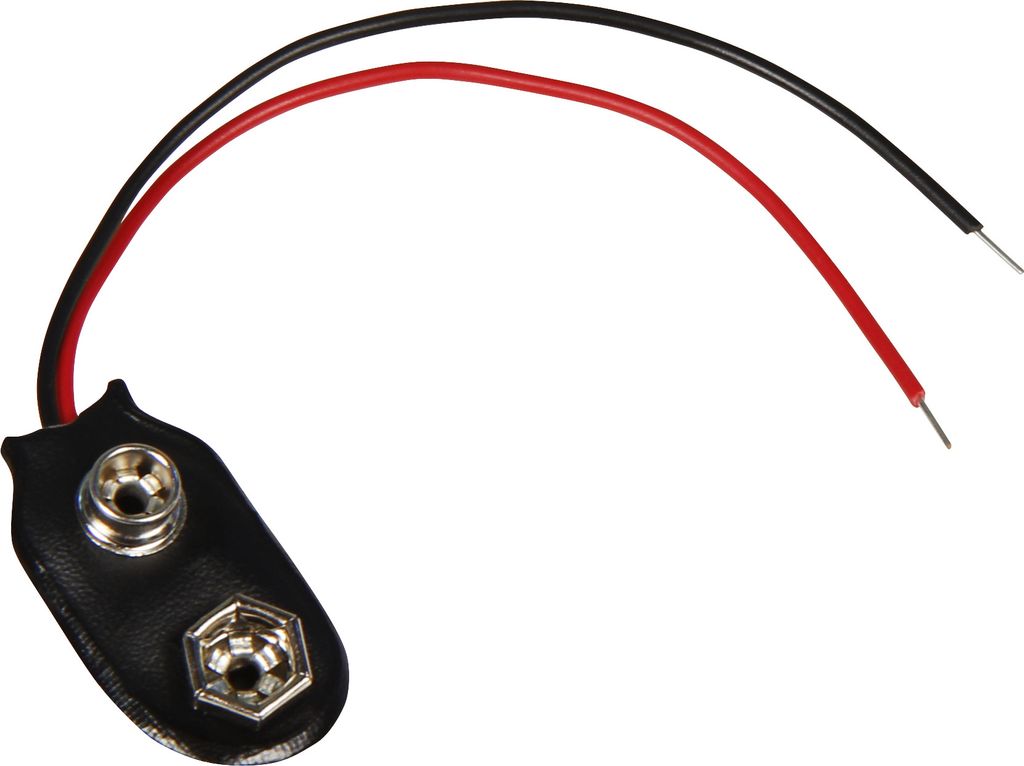 A black battery connector with red and black wires attached, isolated on a white background.