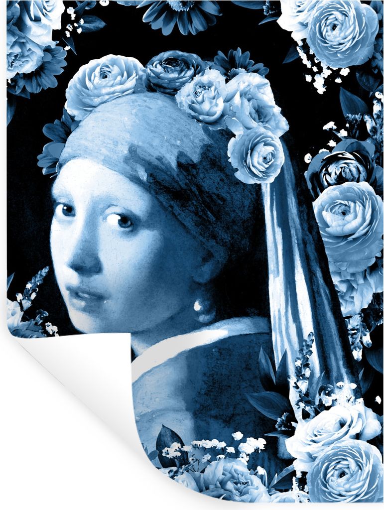 MuchoWow Wandtattoo Wandsticker Wandaufkleber Mädchen mit einem Perlenohrring - Rosen - Delfter Blau 120x160 cm Selbstklebend und Repositionierb...