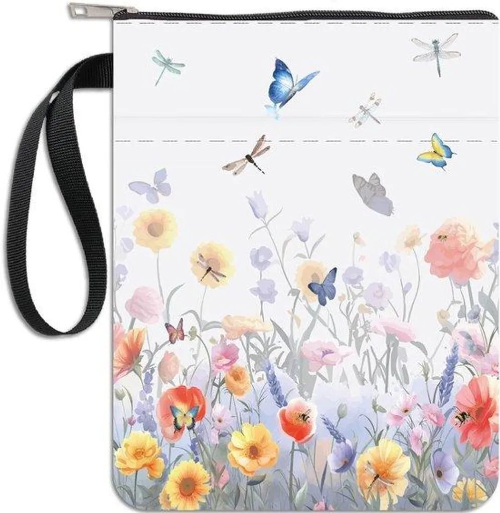 Pochette de livre avec zip et tissu étanche motif fleurs champêtres