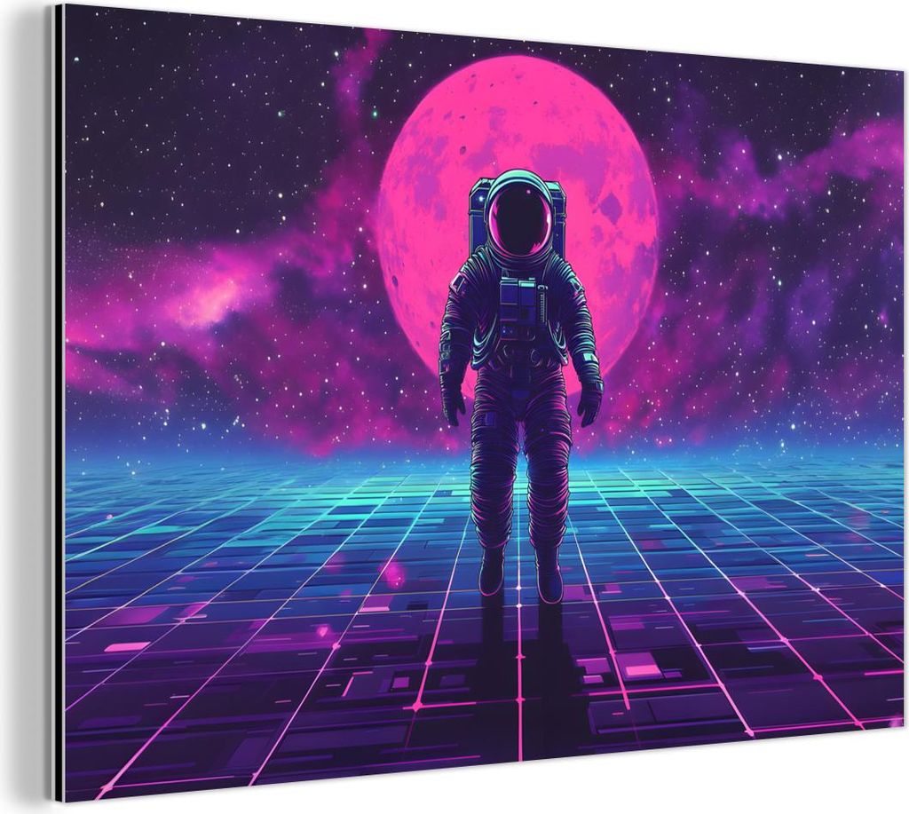 MuchoWow Wanddekoration Metall Metallbild Wandkunst 90x60 cm Astronaut - Mond - Rosa - Sternennebel MuchoWow Aluminium Gemälde - Wandbilder