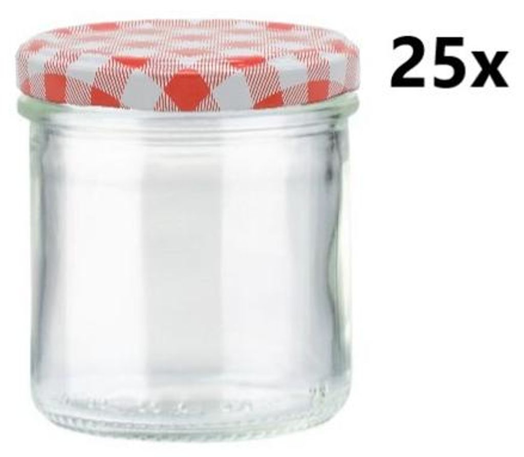 A clear glass jar with a red and white checkered lid, shown against a white background. The number '25x' is visible in the top right corner.