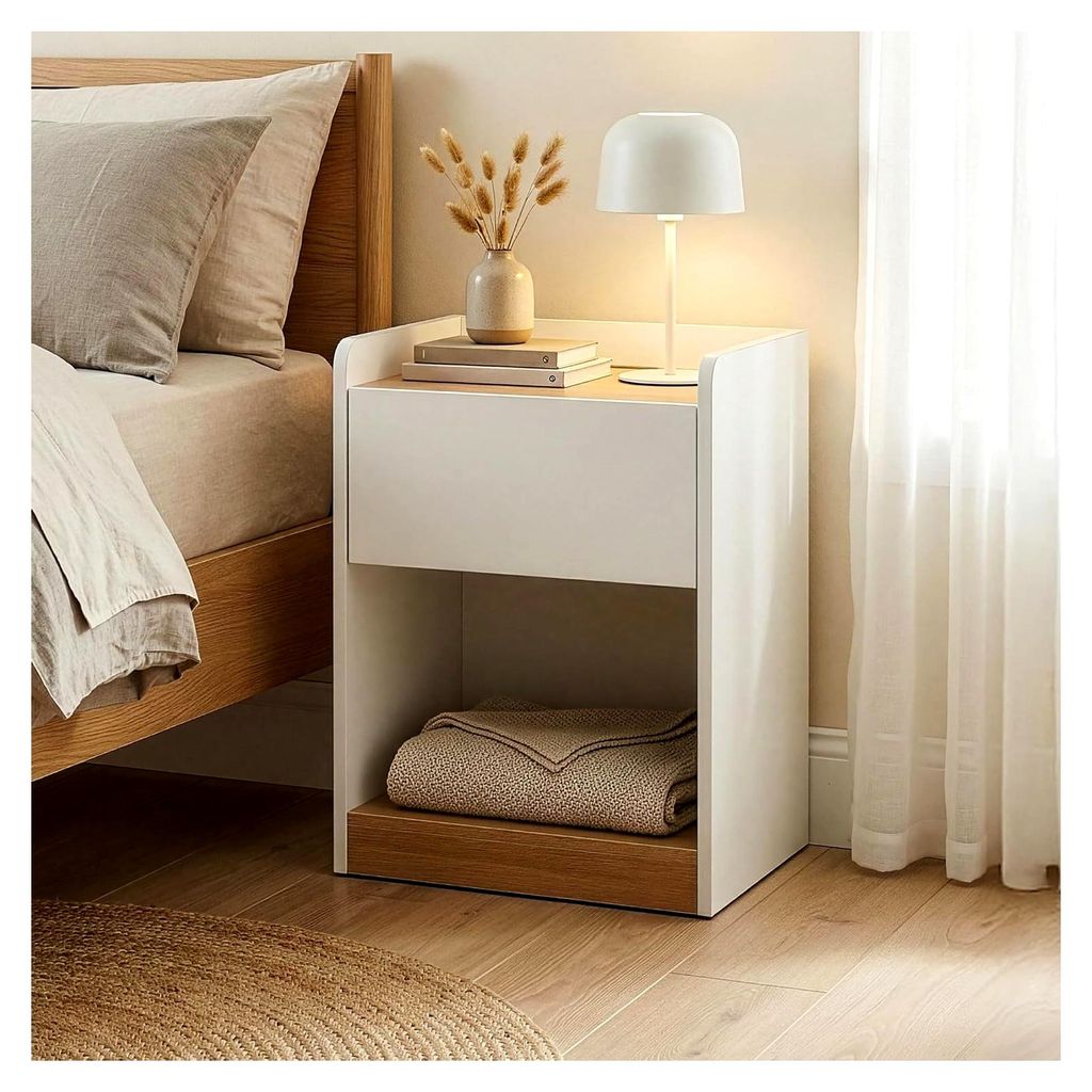 Nachttisch Kuorshare Beistelltisch 55 x 42 x 37 cm mit 1 Schublade und 1 Ablagefach in Weiß/Eicheoptik