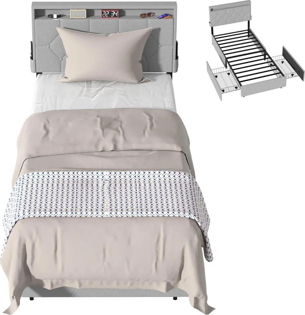 Lit enfant et ado 90x200 cm gris avec rangements tiroirs pour petite chambre