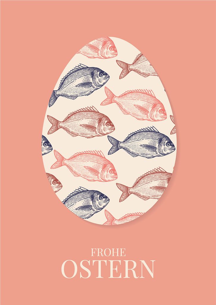 Klassisch elegante Osterkarte mit Fischen Osterei: Frohe Ostern in edlen Farben