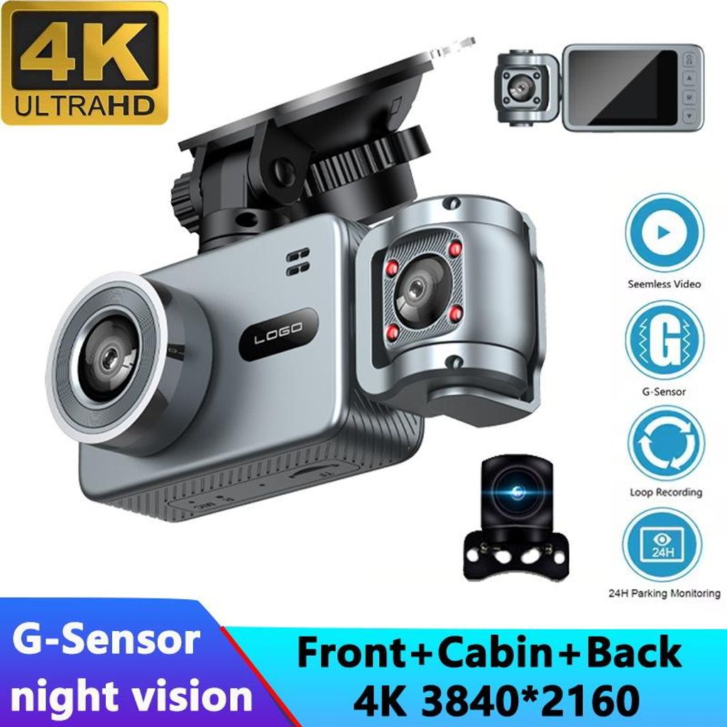 4K-Dreifachobjektiv-Dashcam vorne 2160P mit Innen-/Rückseite 720P Nachtsicht WiFi-App-Steuerung G-Sensor-Parkmonitor Auto-Videokamera