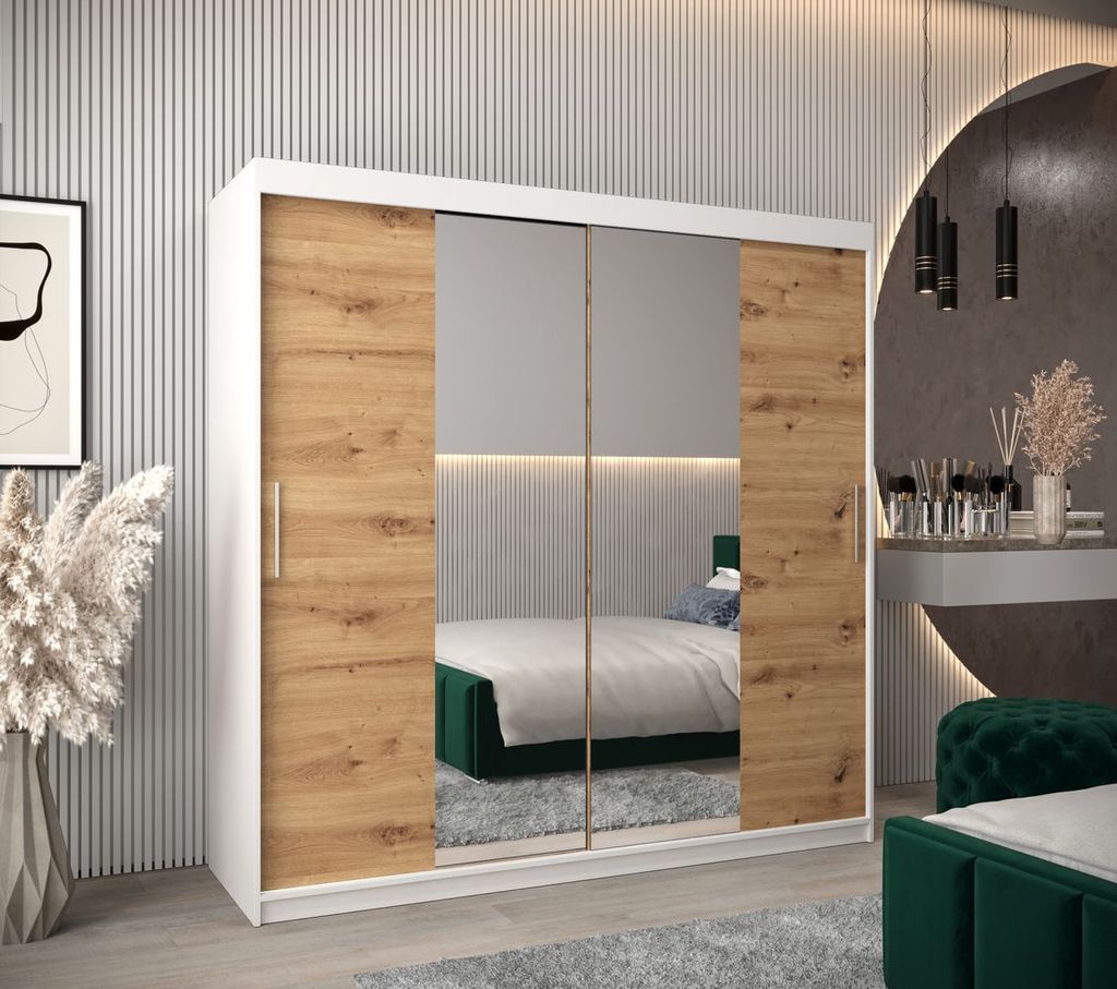 Schwebetürenschrank mit einer Breite von 200 cm TIMEA 1 – Weiß / Eiche Artisan