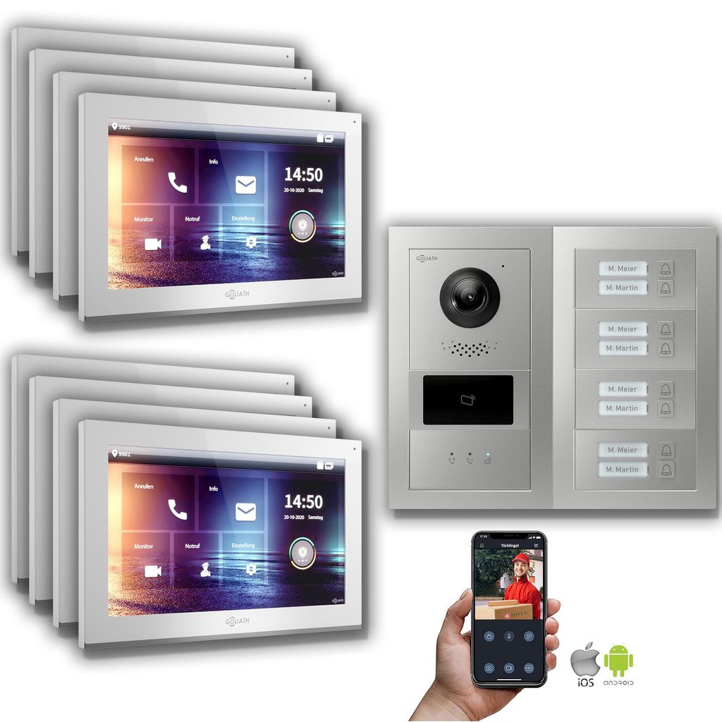 Goliath IP Video Türsprechanlage: 10-Zoll 8 Familienhaus, RFID, Anzeige, Silber : Aufputzdose : 10 Zoll in Weiß Monitor Auswahl: 10 Zoll in Weiß...