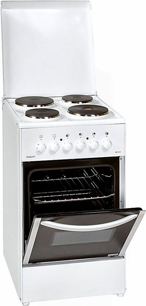 A white freestanding electric stove with four burners on top and an open oven door.