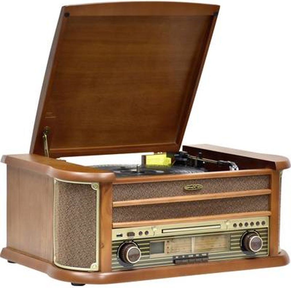 A wooden retro-style record player with a CD player and radio.