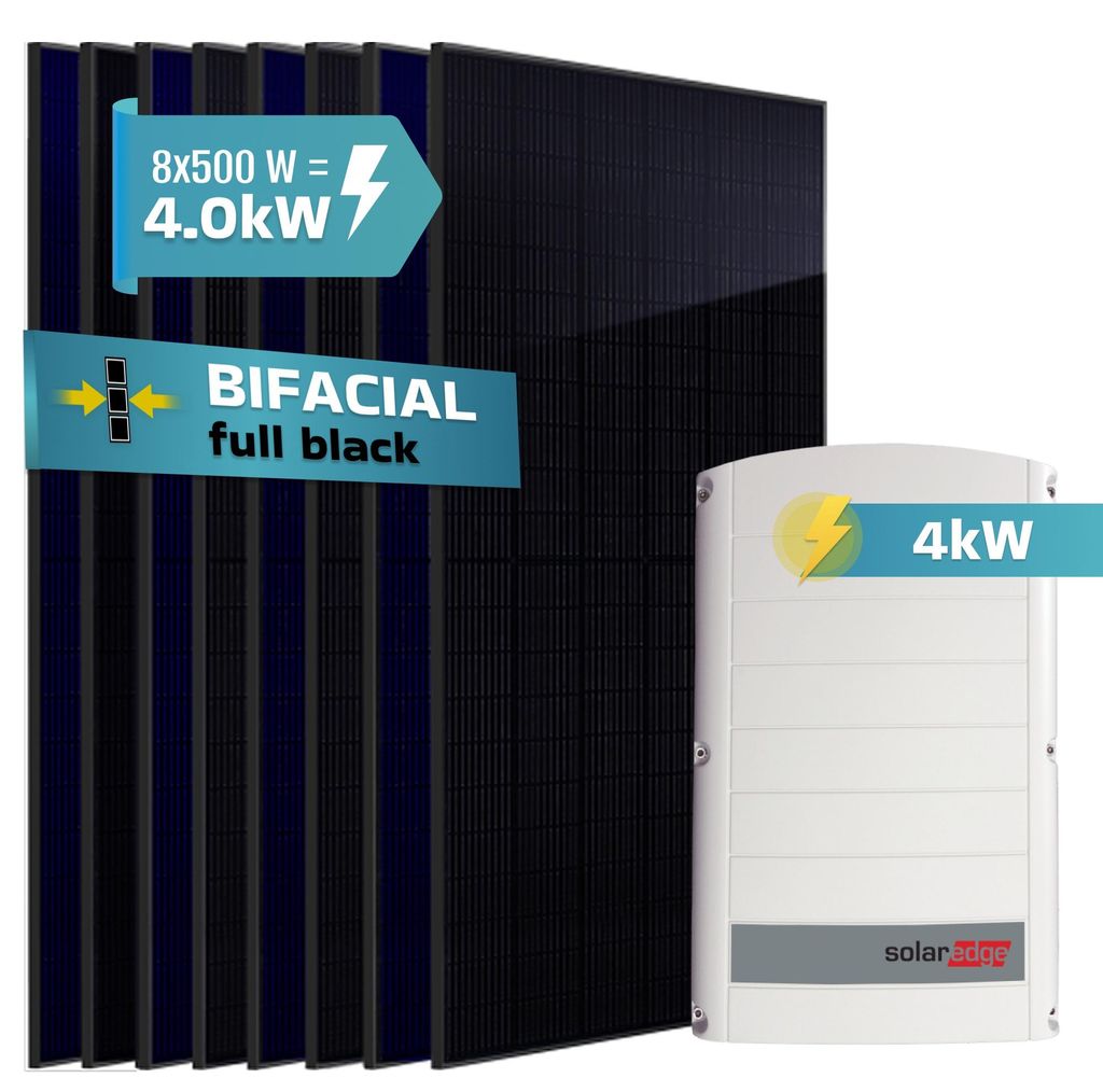 SUNNIVA 4.0 kW Solaranlage, 8x 500 W Solarmodule Fullblack Bifacial, Wechselrichter SolarEdge SE4K (3-phasig)