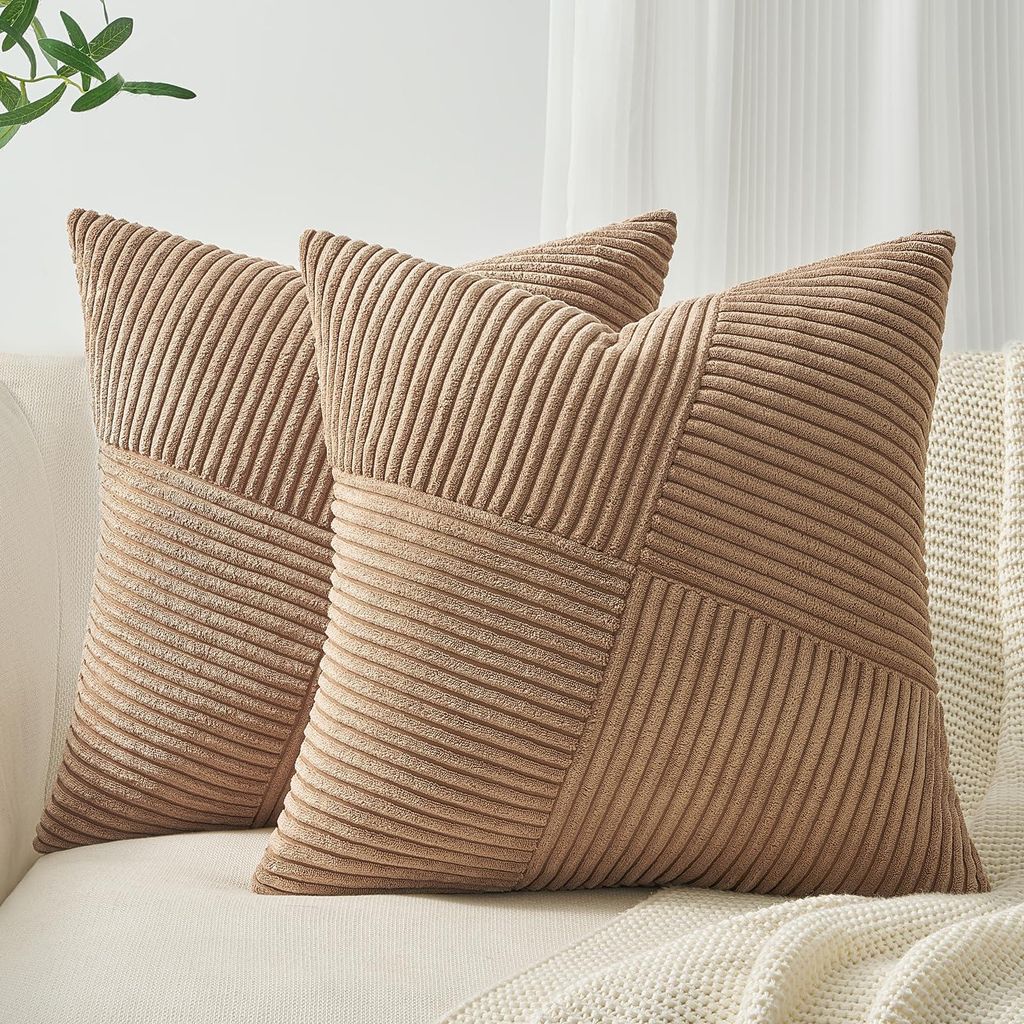 Kissenbezug 40x40 cm, brauner Cord, 2-teiliges Set mit Windmühlenstreifenmuster. Dekoratives Kissen für Sofa oder Sessel, Patchwork-Design, geeig...