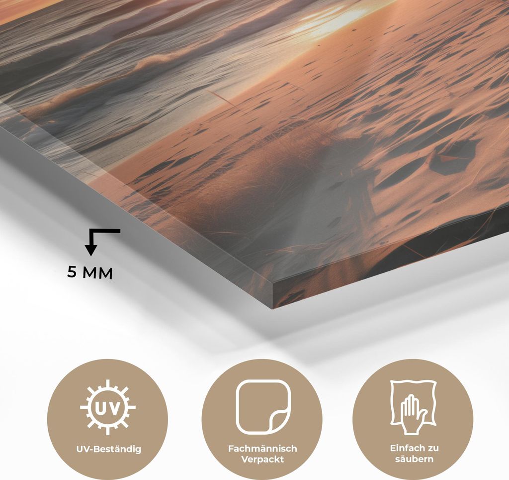 MuchoWow Glasbilder - Bilder auf Wandbild - Foto auf Glas Strand - Sonnenuntergang - Dünen - Meer - Hochgras 90x90 cm Wanddekoration aus Glas - Ac...