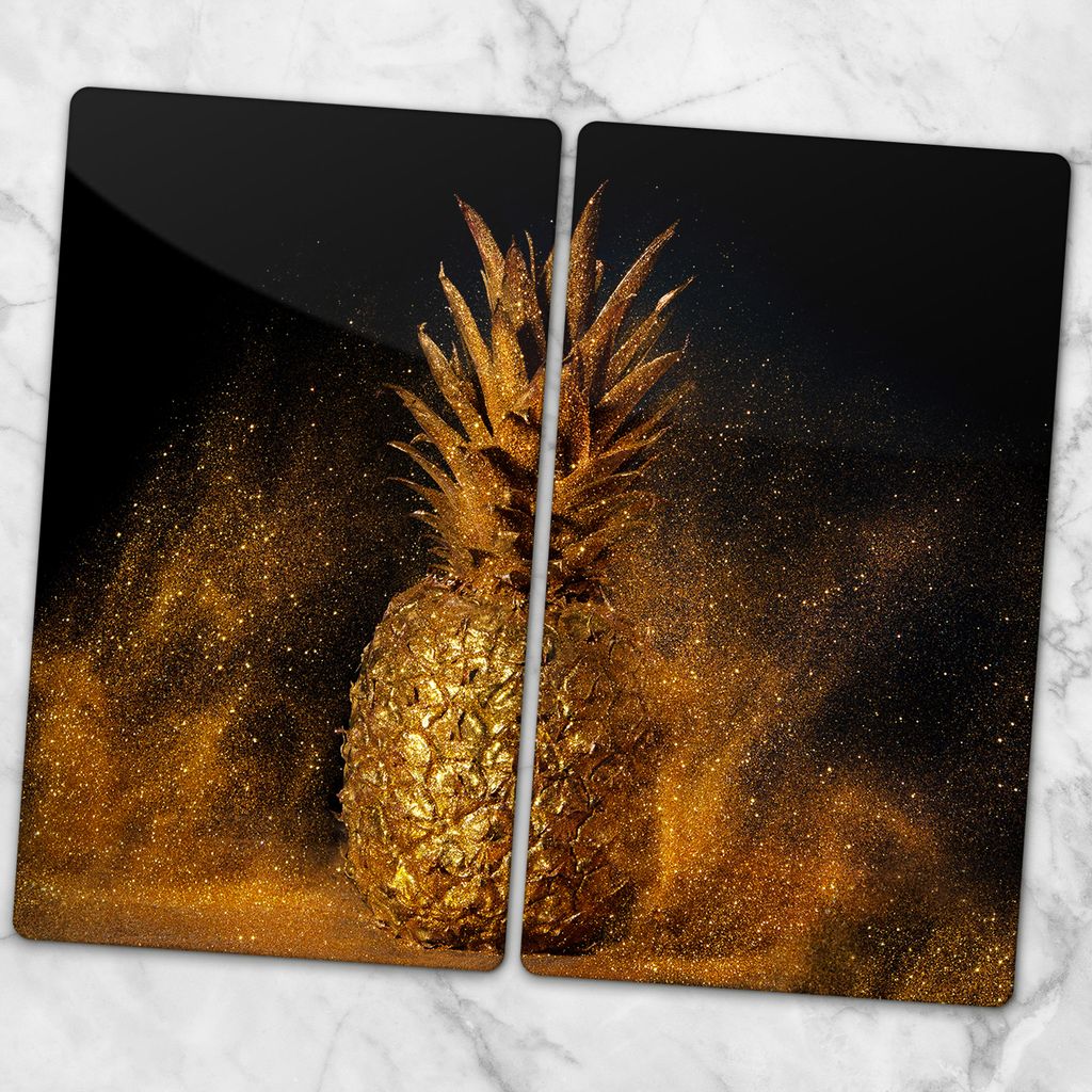 Glas-Herdabdeckplatten Glaskeramikkochfeld-Abdeckung Spritzschutz Glas 2x30x52 cm - Goldene Frucht Ananas