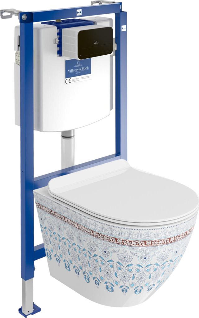 DOMINO | Villeroy&Boch ViConnect H112 Vorwandelement Unterputz WC mit Bedienplatte + Wand Hänge Tiefspül WC Sofi Slim Folklor Spülrandlos | WC -...