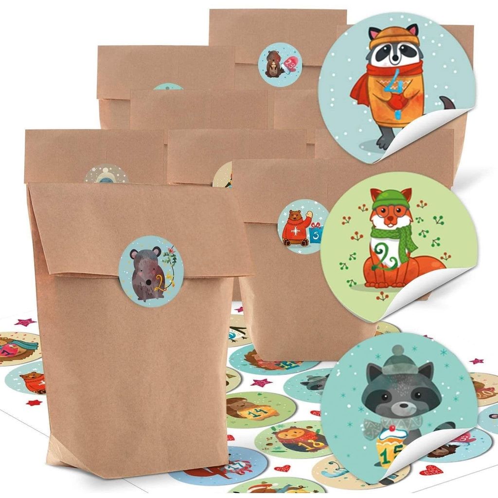 24 kleine natürliche braune Papier-Tüten natur Kraftpapier 14 x 22 x 5,6 cm + 1 bis 24 Zahlen weihnachtliche Aufkleber STERNE beige schwarz weiß...