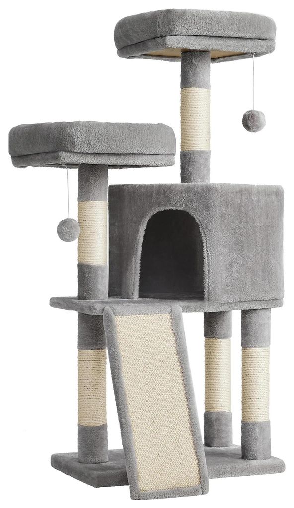 Kratzbaum und Kletterbaum - Modell PCT141 - Höhe 115 cm - 4 Ebenen - Holz - Mit Kratzbrett - Grau