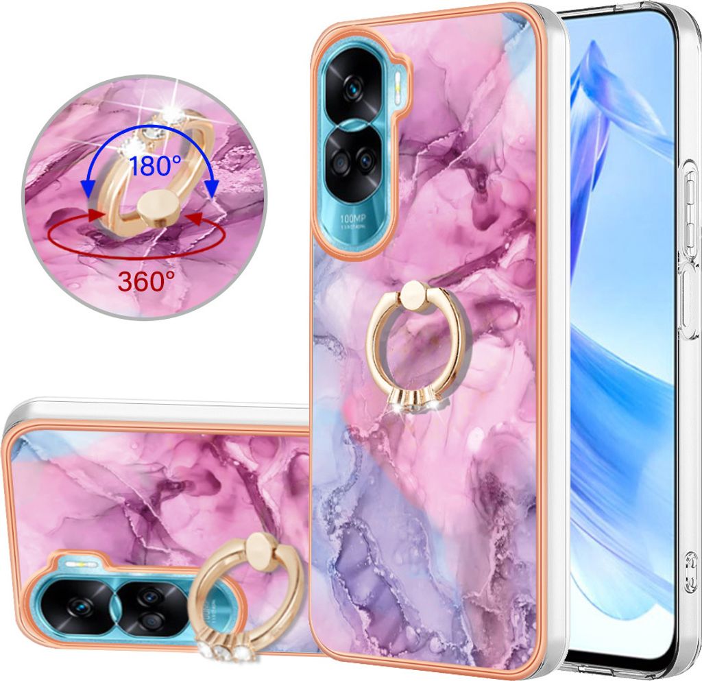 Hülle für Honor 90 Lite 5G Muster TPU Silikon Stoßdämpfer Bumper Schutzhülle mit Ring Ständer Rosa