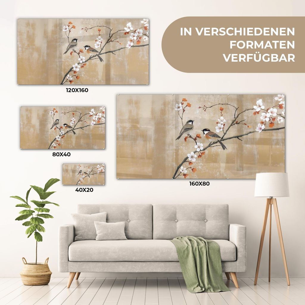 MuchoWow Glasbilder - Bilder auf Wandbild - Foto auf Glas Vögel - Blütenzweig - Orange 120x60 cm Wanddekoration aus Glas - Acrylglasbild - Acrylb...