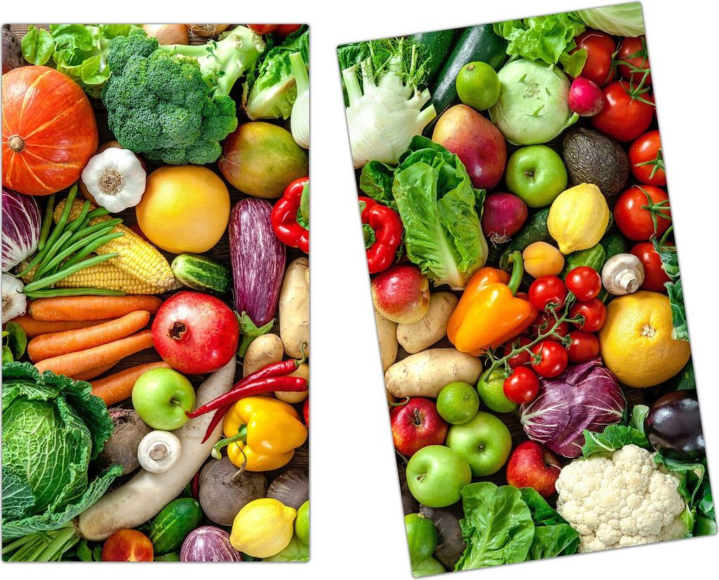 Spritzschutz Herdabdeckplatte Schneidebrett aus Glas Obst und Gemüse 2-Teilig (60x52cm)