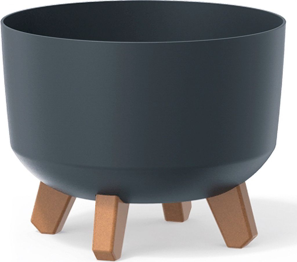 A dark gray planter pot with three wooden legs is shown against a white background.