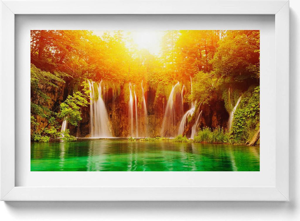 Malerischer Blick auf einen Wasserfall– Wandbild mit Rahmen – Gerahmtes Bild – Wanddekoration – 30x20 cm – Weiß Rahmen