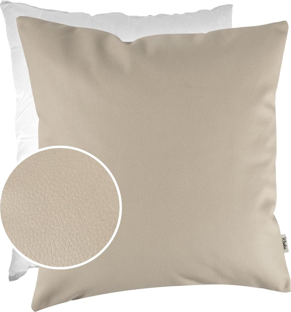 Dekokissen mit Füllung KUMO 40x40cm atmungsaktive Kunstleder Kissenbezug mit Reißverschluss Einfarbig Leder-Optik UNI Beige