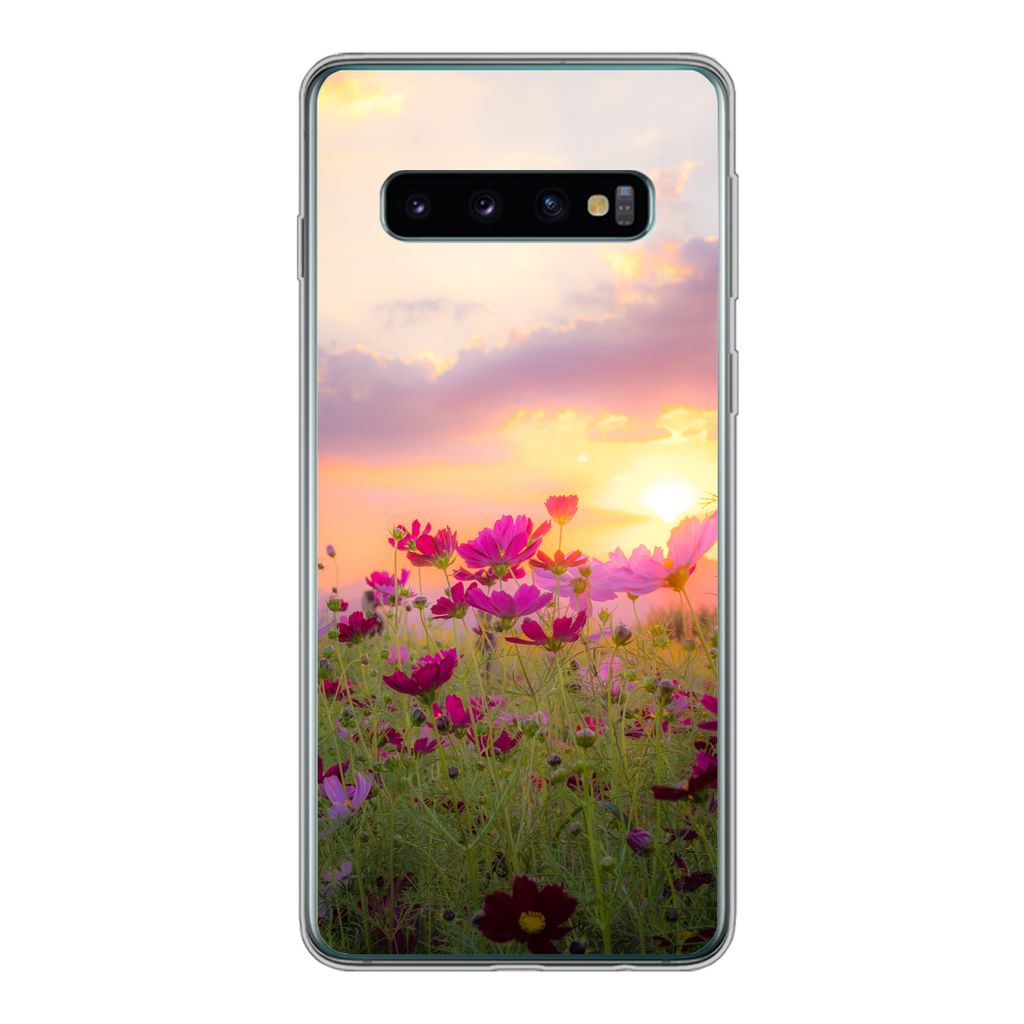 MuchoWow Handyhülle Schutzhülle Hülle für Samsung Galaxy S10 Sonnenuntergang - Blumen - Rosa - Natur - Grün Silikon Softcase Handy Hülle - ...