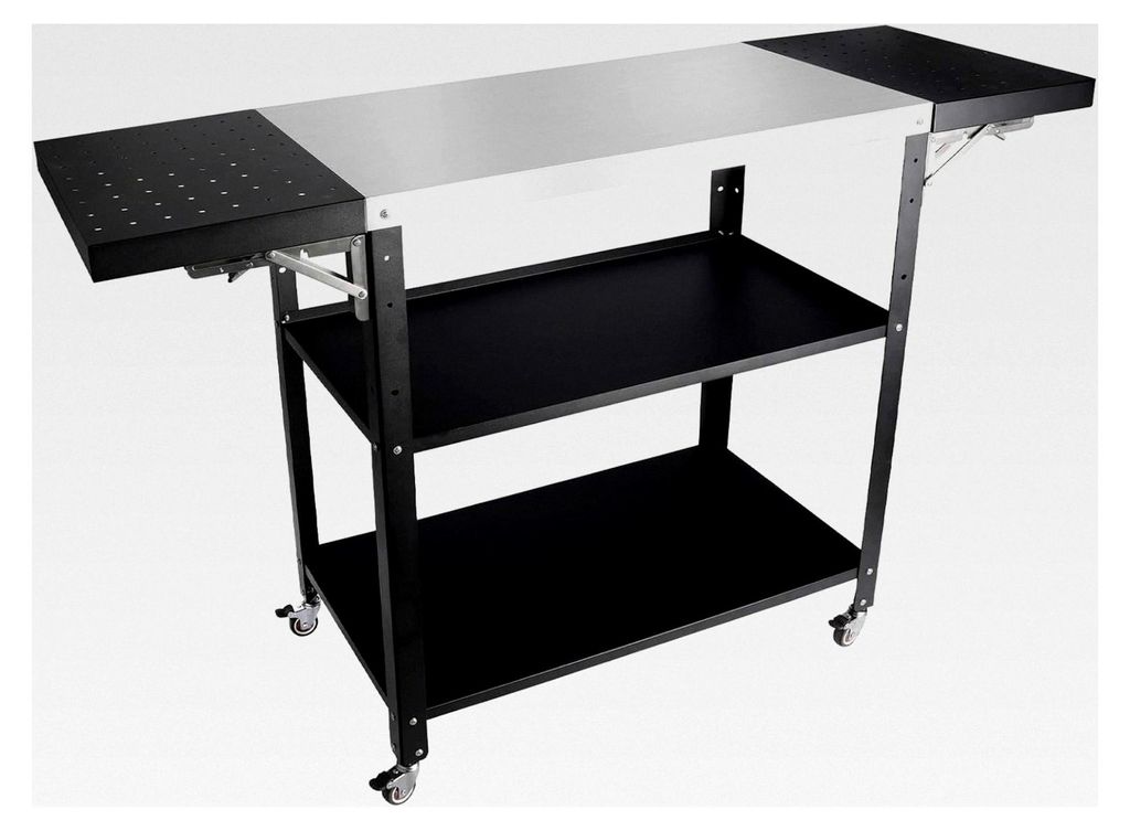 Grilltisch für den Außenbereich mit Edelstahl-Arbeitsfläche, 3-stufiger Grillwagen mit Rollen, 2 Stück 30 cm klappbarer Beistelltisch, runde L...