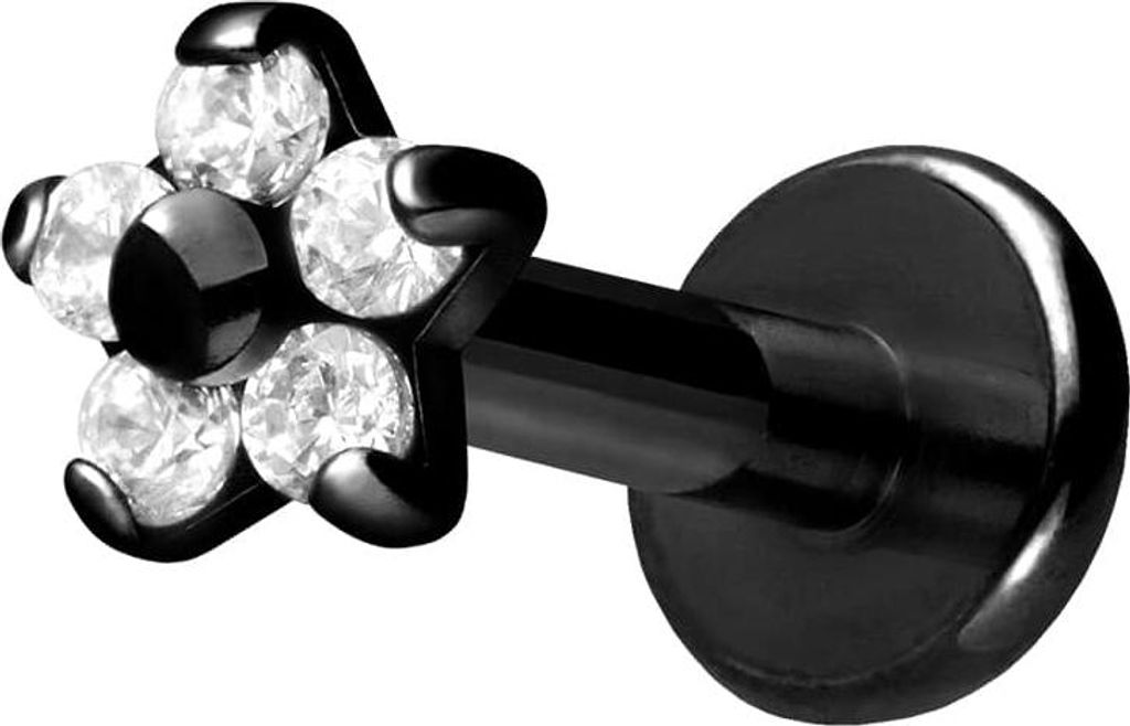 Ohrpiercing, Nasenpiercing Titan Labret mit Innengewinde BLUME MIT 5 KRISTALLEN Schwarz Stablänge: 7mm | Stabstärke: 1,6mm