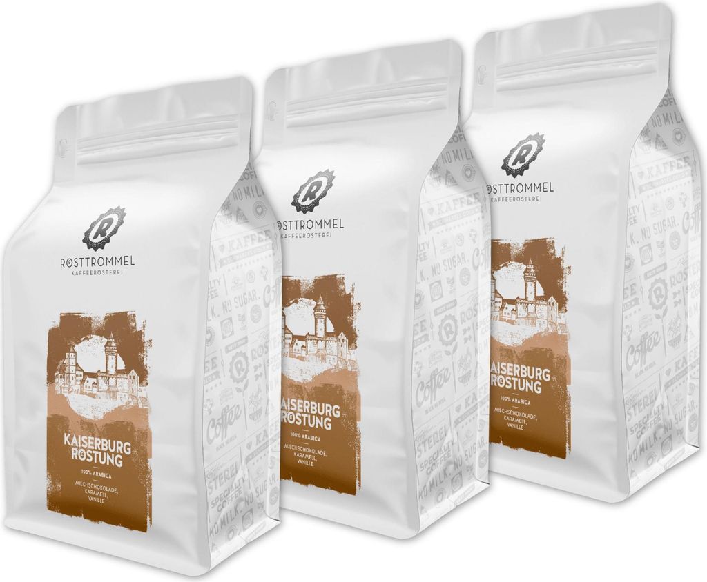 RÖSTTROMMEL Kaiserburg, KAFFEE, Ganze Kaffee-Bohnen 3x1kg, 100% Arabica, Röstung 4/10, Brasilien, Geschmack: Milchschokolade - Karamell - Vanille...