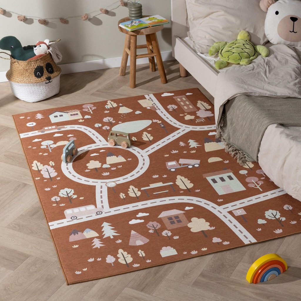 Volero - Auto Spielteppich - Rocky Ride Terracotta - 80x150 cm - Kinderzimmer, Babyzimmer