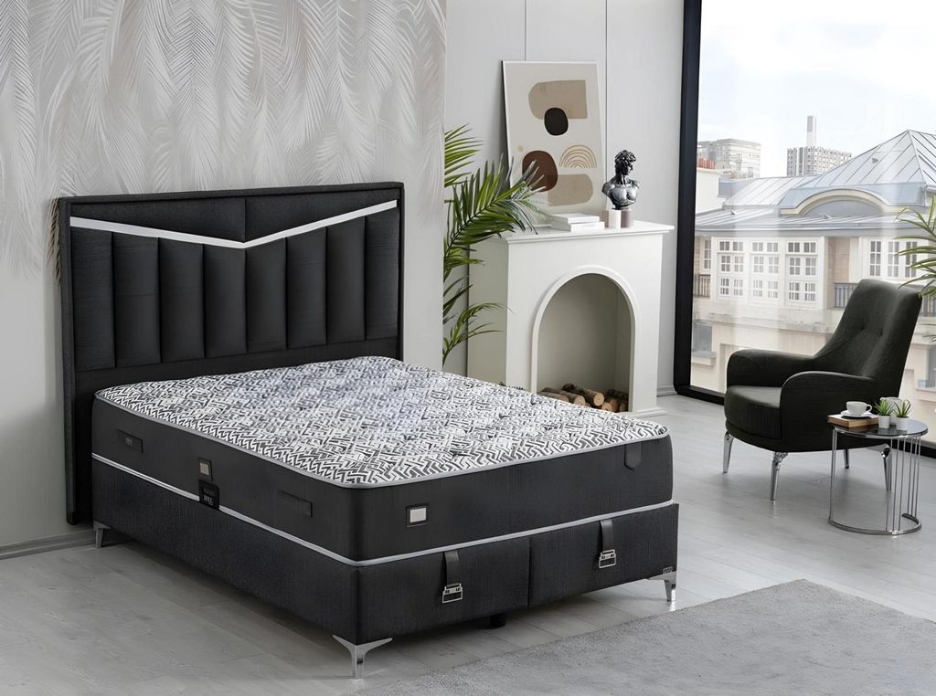 Elegantes grünes Bett mit Matratze aus Textil und Holz