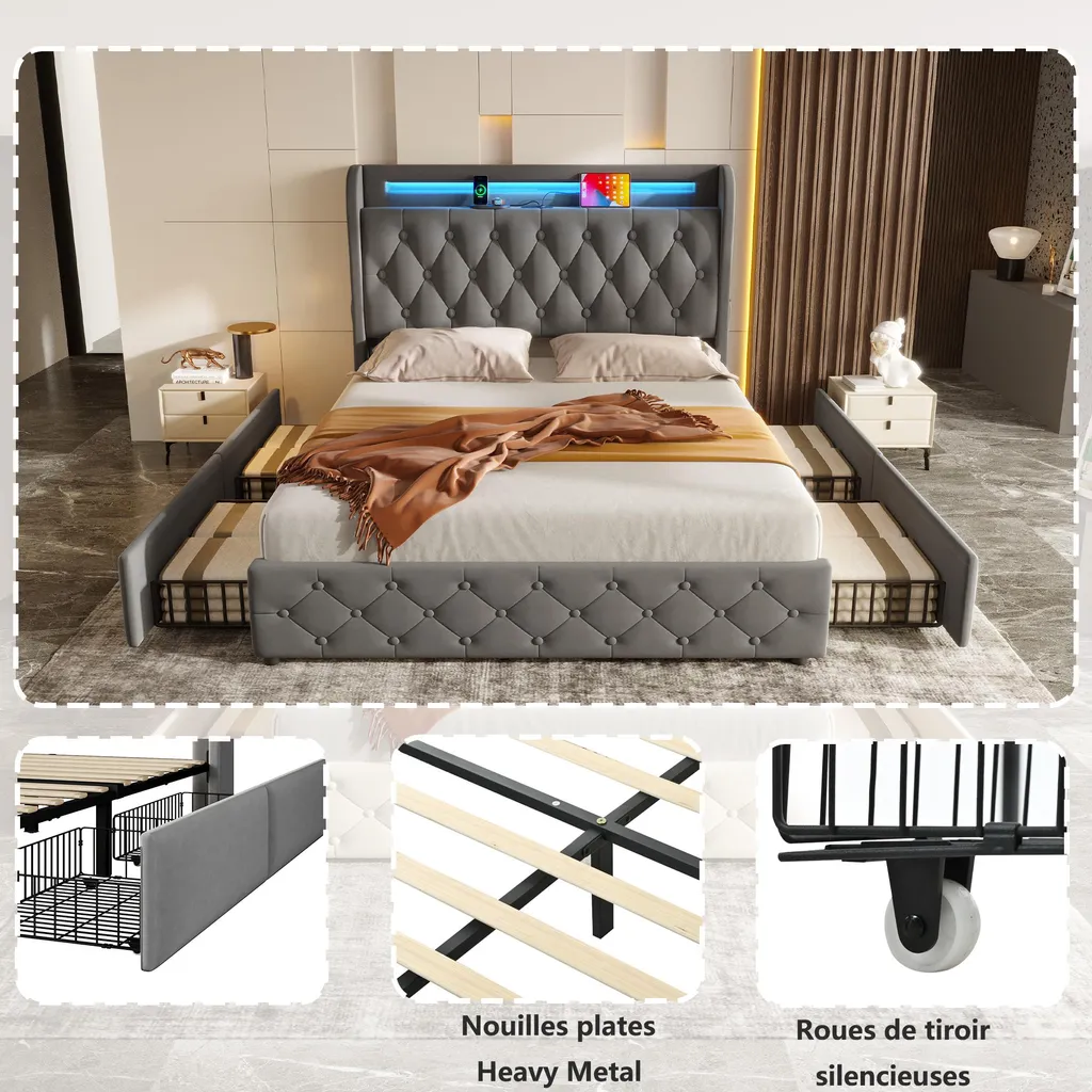 Lit avec éclairage LED connecté et prises USB pour smartphone - 3