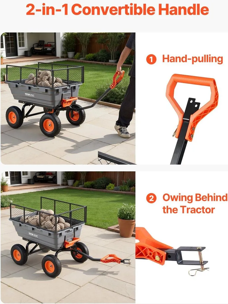 Chariot de jardin polyvalent avec benne en polyéthylène haute capacité