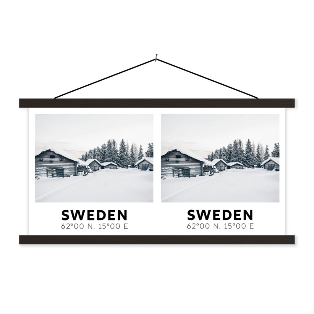 MuchoWow Textilposter Schweden - Schnee - Häuser 120x60 cm mit schwarzem Rahmen - Dekoration Schlafzimmer