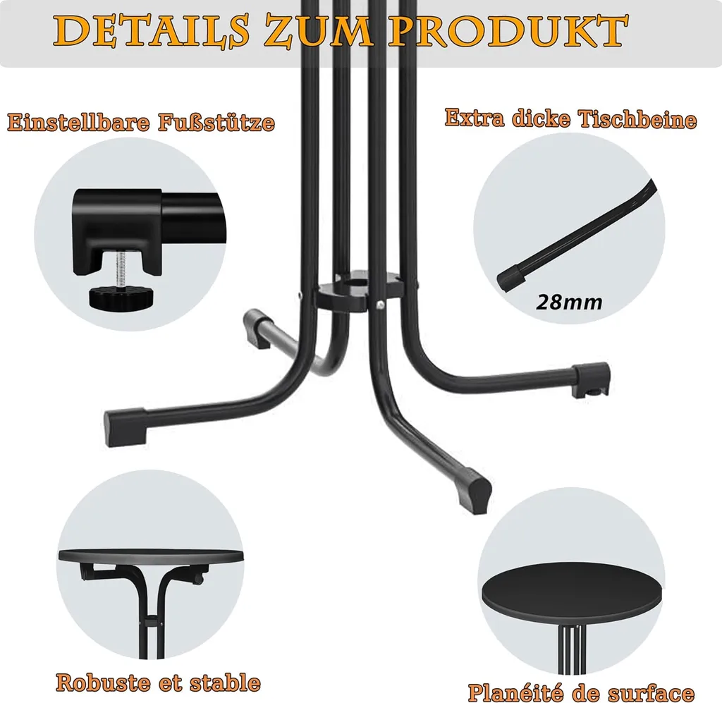 ACXIN Table haute pliante Ø 79 cm noire, mange-debout stable de 110 cm - 6