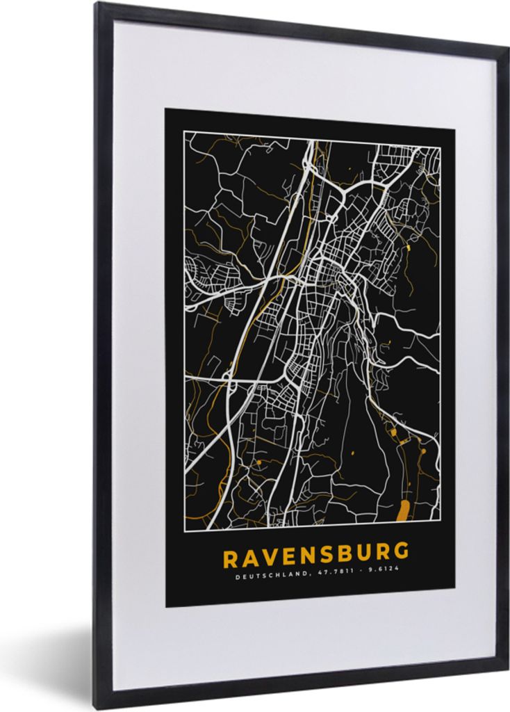 MuchoWow Gerahmtes Poster Gold - Deutschland - Karte - Stadtplan - Ravensburg 40x60 cm - Poster mit Schwarzem Bilderrahmen Wandposter Rahmen Foto...