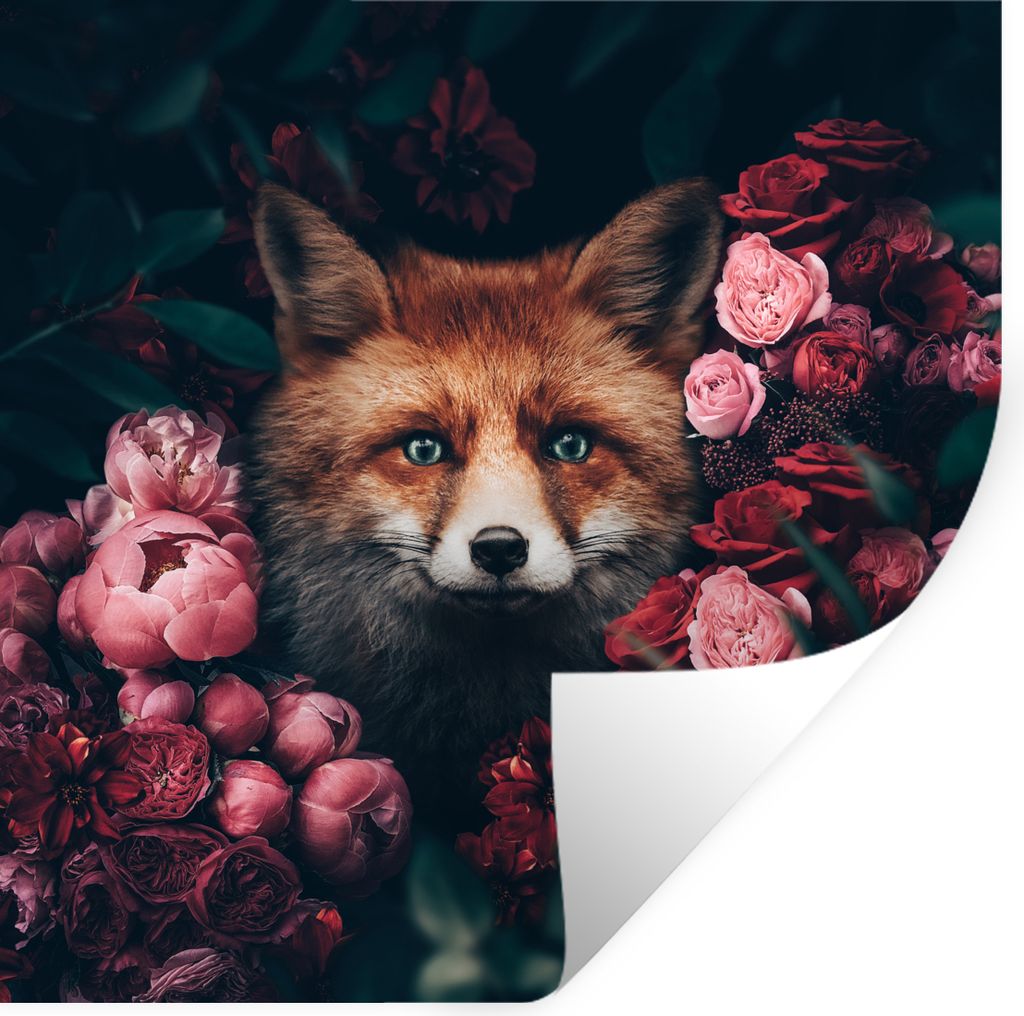 MuchoWow Wandtattoo Wandsticker Wandaufkleber Fuchs - Blumen - Tiere 100x100 cm Selbstklebend und Repositionierbar - Wierderverwendbar - Selbstkl...