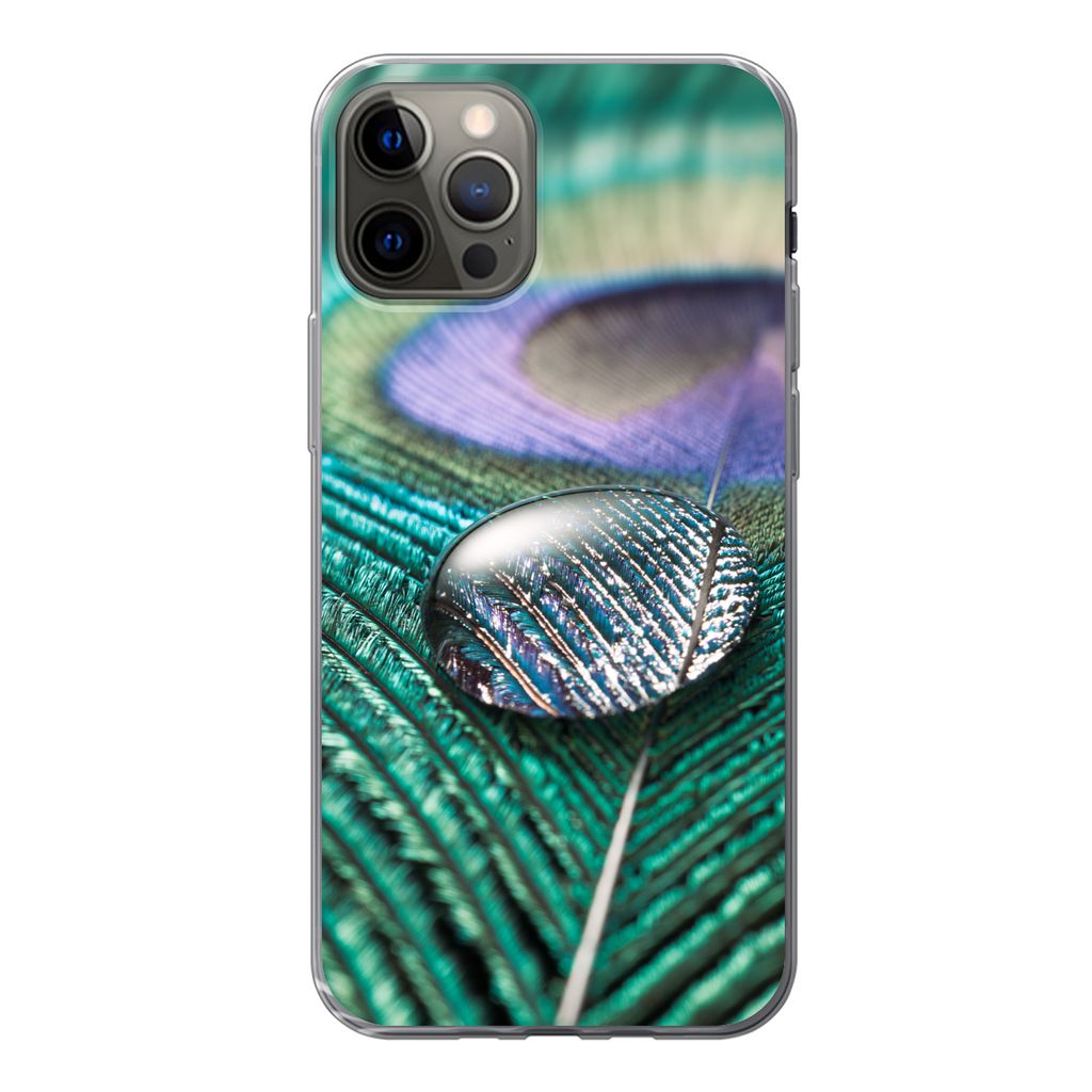 MuchoWow Handyhülle Schutzhülle Hülle für iPhone 13 Pro Nahaufnahme eines Wassertropfens auf einer Pfauenfeder Silikon Softcase Handy Hülle ...