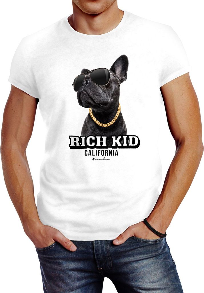 Herren T-Shirt Rich Kid California ironisches Statement Bulldogge Fashion Streetstyle Neverless weiß XXL