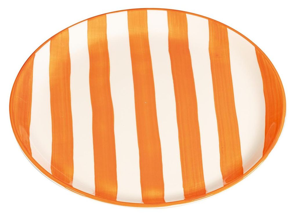Lido Kollektion: Elegantes 2er-Set Speiseteller aus handbemalter Keramik in Safran-Orange, klassisches Streifendesign, hergestellt in Italien