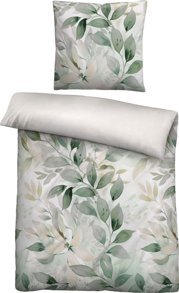 Biberna Satin Bettwäsche Blätterranke, Größe 1x 155x220 cm + 1x 80x80 cm, fichte