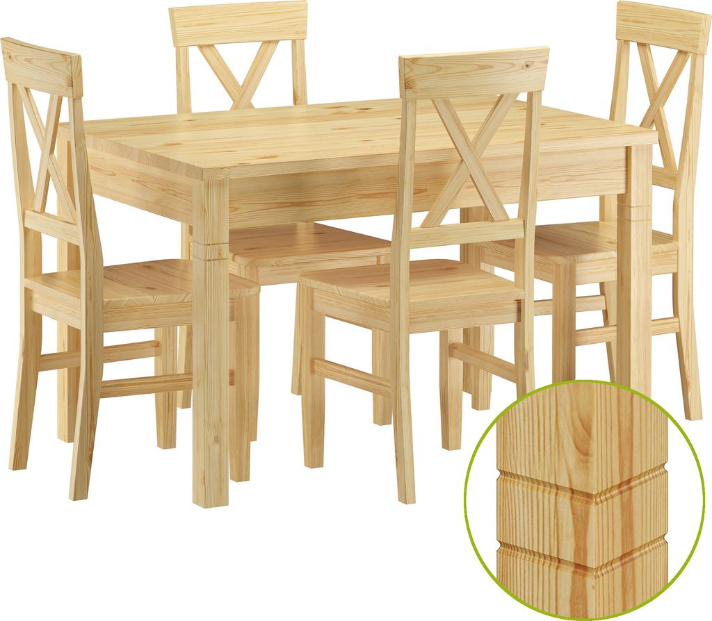 Essgruppe Kiefer Massiv Tisch und 4 Stühle Küchentisch Holzstühle 90.70-51 B-Set 23