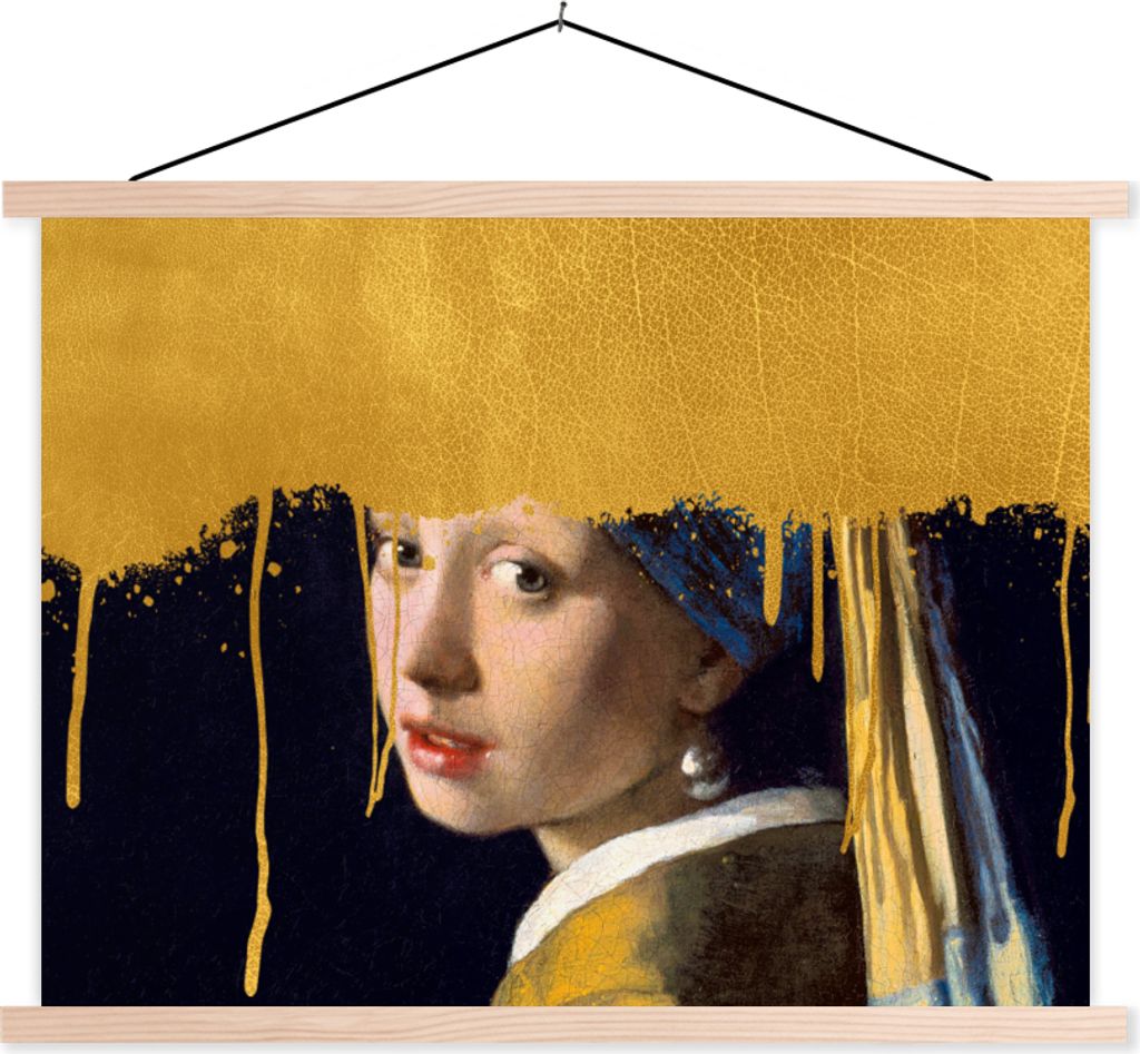 MuchoWow Textilposter Vermeer - Mädchen mit Perlenohrring - Gold 60x45 cm mit holzfarbenen Rahmen - Bild
