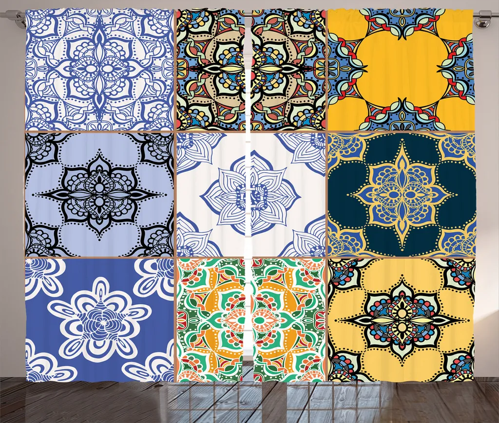 Rideau Azulejos portugais rustique avec boucles et crochets inclus