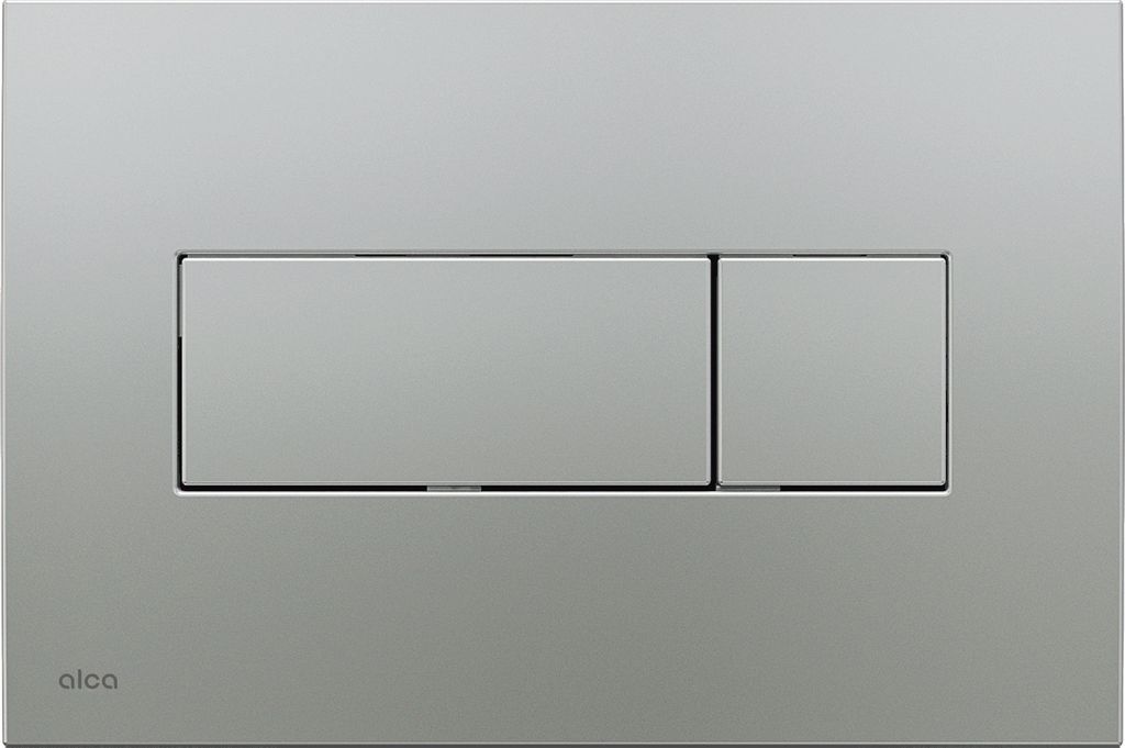 A close-up of a toilet flush plate with two buttons.