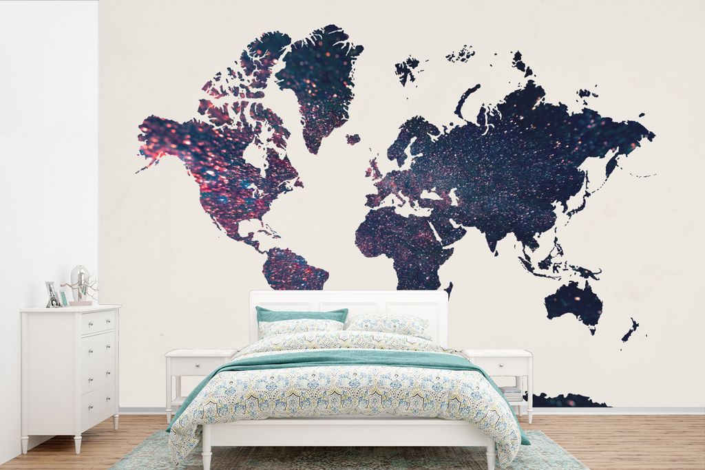 MuchoWow Fototapete für Wohnzimmer oder Schlafzimmer Wandtapete Vinyl Motivtapete Weltkarte - Blau - Glitter - 420x280 cm - Zimmer für Kinder