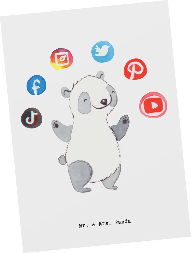 Mr. & Mrs. Panda Grußkarte Social Media Manager Herz - Weiß - Geschenk, Fotokarte, Postkarte, Postkarten, Ansichtskarte, Ansichtskarten, bildkarte
