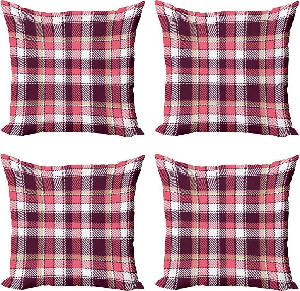 ABAKUHAUS Kariert Kissenbezug Set (4 Stück), Retro Plaid Quadrate, Moderner Doppelseitiger Digitaldruck, 45 cm x 45 cm, Pink Kastanienbraun Weiß