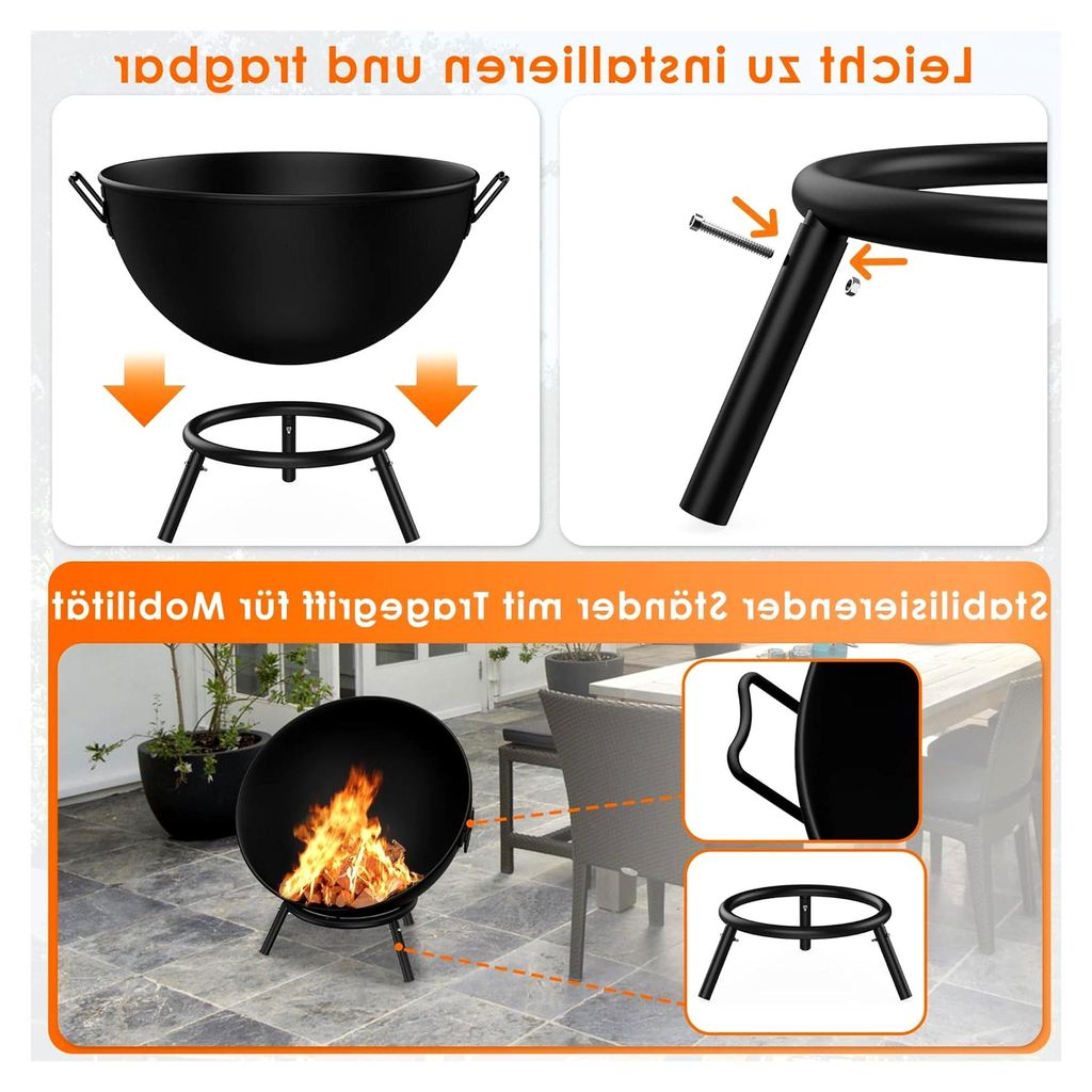 Runde Feuerschale 60 cm aus Stahl, tragbare Feuerstelle mit Holzrost und Zubehör für Garten, Terrasse, Camping und Outdoor